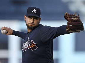 Atlanta Braves starting pitcher Anibal Sanchez throws to the plate during the first inning of a baseball game against the Los Angeles Dodgers, Saturday, June 9, 2018, in Los Angeles.