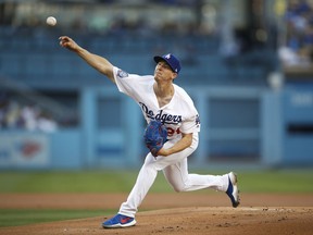 Los Angeles Dodgers starting pitcher Walker Buehler throws against the Atlanta Braves during the first inning of a baseball game, Friday, June 8, 2018, in Los Angeles.