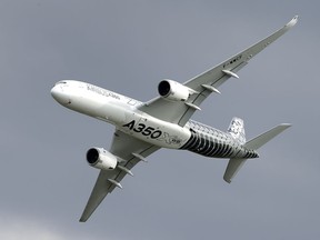 FILE - In this Wednesday, April 25, 2018 file photo, an Airbus A350 flies during the ILA Berlin Air Show in Berlin, Germany. Aviation giant Airbus has threatened to leave Britain if the country leaves the European Union without an agreement on future trading relations.