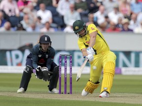 Australia's Aaron Finch plays a six during the One Day International match against England at the Emirates Riverside, Chester-le-Street, England, Thursday June 21, 2018.