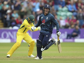 Jason Roy celebrates after reaching his century during the One Day International match at the SSE SWALEC Stadium, Cardiff, Saturday June 16, 2018.