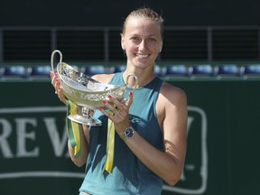 Petra Kvitova of the Czech Republic celebrates her victory during day seven of the Nature Valley Classic at Edgbaston Priory, Birmingham, England, Sunday, June 24, 2018.