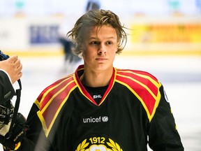 Brynäs IF's Adam Boqvist before a Swedish Hockey League game.