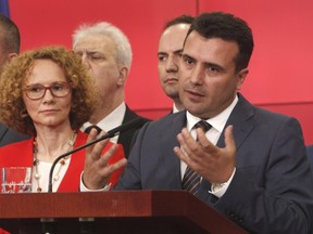 Macedonian Prime Minister Zoran Zeav addresses the media during a news conference in the Government building in Skopje, Macedonia, Tuesday, June 12, 2018.