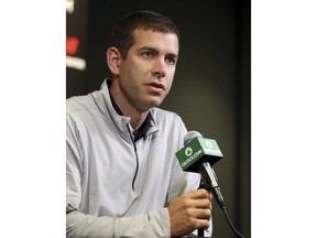 Boston Celtics coach Brad Stevens speaks during a news conference Thursday, June 21, 2018, in Boston, after the team selected Robert Williams of Texas A&M with the 27th pick in the NBA basketball draft.