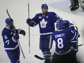 The Toronto Marlies, seen here last week, return home with a 3-2 series lead and a chance to win the AHL title Tuesday at the Ricoh Coliseum.