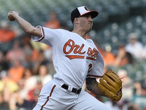 Baltimore Orioles pitcher Kevin Gausman throws to a Seattle Mariners batter during the first inning of baseball game, Tuesday, June 26, 2018, in Baltimore.