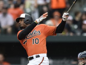 Baltimore Orioles' Adam Jones follows through on a solo home run against the New York Yankees in the first inning of baseball game, Saturday, June 2, 2018, in Baltimore.