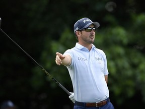 Andrew Landry gestures after his tee shot on the 16th tee during the first round of the Quicken Loans National golf tournament, Thursday, June 28, 2018, in Potomac, Md.