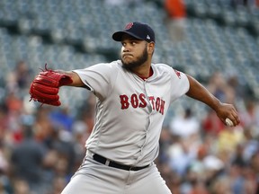 Boston Red Sox starting pitcher Eduardo Rodriguez throws to a Baltimore Orioles batter during the second inning of a baseball game Tuesday, June 12, 2018, in Baltimore.