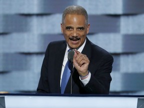 FILE - In this July 26, 2016 file photo, former Attorney General Eric Holder speaks during the second day of the Democratic National Convention in Philadelphia. The National Redistricting Foundation, a nonprofit affiliate of the National Democratic Redistricting Committee, which is chaired by Holder, has launched a legal campaign to create majority-minority congressional districts in three Southern states. The lawsuit claims that the current maps discriminate against black voters. They filed separate federal lawsuits Wednesday, June 13, 2018, in Alabama, Georgia and Louisiana, challenging congressional maps state lawmakers in each state approved in 2011.