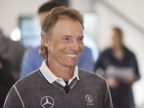 FILE - In this April 23, 2018, file photo, Senior PGA Championship defending champion Bernhard Langer smiles while talking to officials during media day for the 2018 golf tournament at Harbor Shores Golf Course in Benton Harbor, Mich. Langer enters this weekend's Principal Charity Classic at Wakonda Club in Des Moines with 37 career victories in the series. But the German has notched just two top-10s in five tries in Iowa, including a frustrating fourth-place finish in 2017.