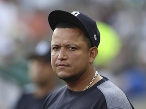 Detroit Tigers first baseman Miguel Cabrera stands in the dugout during the first inning of the team's baseball game against the Los Angeles Angels, Tuesday, May 29, 2018, in Detroit.