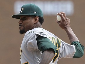 Oakland Athletics starting pitcher Edwin Jackson throws during the first inning of a baseball game against the Detroit Tigers, Monday, June 25, 2018, in Detroit.