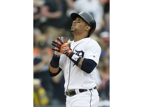 Detroit Tigers' Leonys Martin celebrates his solo home run during the sixth inning of a baseball game against the Toronto Blue Jays, Sunday, June 3, 2018, in Detroit.