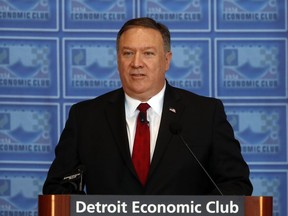 U.S. Secretary of State Mike Pompeo speaks at an Economic Club of Detroit luncheon in Detroit, Monday, June 18, 2018.