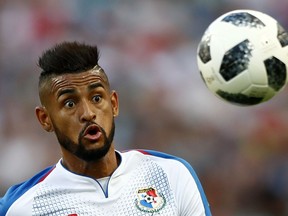 Panama's Anibal Godoy watches the ball during the group G match between Belgium and Panama at the 2018 soccer World Cup in the Fisht Stadium in Sochi, Russia, Monday, June 18, 2018.