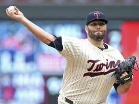 Minnesota Twins pitcher Lance Lynn throws against the Cleveland Indians in the first inning of a baseball game Saturday, June 2, 2018, in Minneapolis.