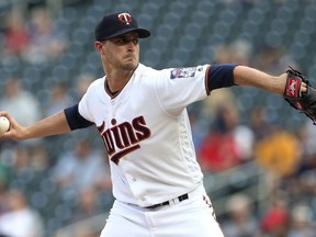 Minnesota Twins pitcher Jake Odorizzi throws to a Cleveland Indians batter during the first inning of a baseball game Thursday, May 31, 2018, in Minneapolis.