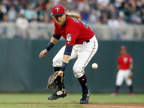 Minnesota Twins third baseman Taylor Motter fields a grounder on a single by Texas Rangers' Elvis Andrus during the fourth inning of a baseball game Friday, June 22, 2018, in Minneapolis.
