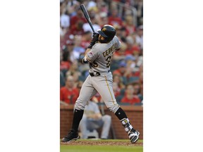 Pittsburgh Pirates' Francisco Cervelli is hit by the pitch from St. Louis Cardinals' Miles Mikolas during the third inning of a baseball game Friday, June 1, 2018, at Busch Stadium in St. Louis.