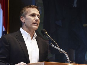 FILE - In this May 29, 2018, file photo, Missouri Gov. Eric Greitens announces his resignation during a news conference in Jefferson City. Jackson County prosecutor Jean Peters Baker said Friday, June 8, 2018, her investigation of the former governor found no corroborating evidence that would support refiling a felony invasion of privacy charge.
