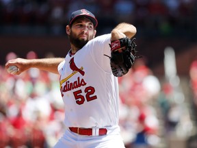St. Louis Cardinals starting pitcher Michael Wacha throws during the first inning of a baseball game against the Pittsburgh Pirates Sunday, June 3, 2018, in St. Louis.