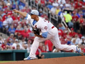 St. Louis Cardinals starting pitcher Jack Flaherty throws during the first inning of a baseball game against the Chicago Cubs Sunday, June 17, 2018, in St. Louis.