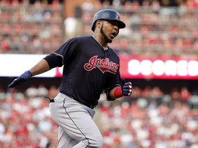 Cleveland Indians' Edwin Encarnacion celebrates after hitting a solo home run during the second inning of the team's baseball game against the St. Louis Cardinals on Wednesday, June 27, 2018, in St. Louis.