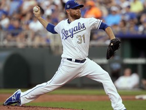Kansas City Royals starting pitcher Ian Kennedy delivers to an Oakland Athletics batter during the second inning of a baseball game at Kauffman Stadium in Kansas City, Mo., Friday, June 1, 2018. The Twins defeated the Royals 8-5.
