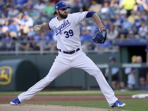 Kansas City Royals starting pitcher Jason Hammel delivers to a Texas Rangers batter during the first inning of a baseball game at Kauffman Stadium in Kansas City, Mo., Tuesday, June 19, 2018.