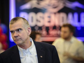 Matt Rosendale, a candidate for the Republican nomination for U.S. Senate, attends a watch party for primary returns Tuesday, June 5, 2018, in Helena, Mont.