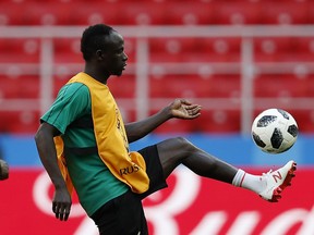 Senegal's Sadio Mane control the ball during Senegal's official training on the eve of the group H match between Poland and Senegal at the 2018 soccer World Cup in the Spartak Stadium in Moscow, Russia, Monday, June 18, 2018.