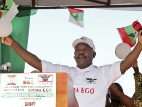 FILE - In this Wednesday, May 2, 2018 file photo, Burundi's president Pierre Nkurunziza attends a rally to launch the ruling party's campaign calling for a "Yes" vote in the upcoming constitutional referendum, in Bugendana, Gitega province, Burundi. Nkurunziza announced Thursday, June 7, 2018 that he will not run for another term, even as he put in place a new constitution that would allow him to stay in power until 2034.