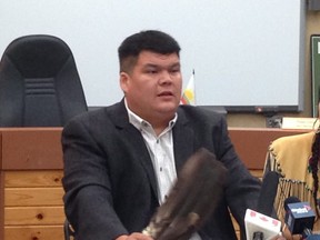 Chief Aaron Sock of the Elsipogtog First Nation speaks during a news conference in Elsipogtog, N.B., on Monday, Oct. 21, 2013.