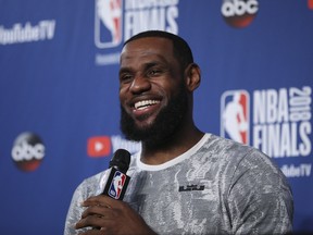 Cleveland Cavaliers forward LeBron James takes questions at a press conference after the team's practised Thursday, June 7, 2018 in Cleveland.