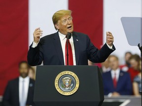 President Donald Trump speaks at a campaign rally Wednesday, June 27, 2018, in Fargo, N.D. Trump was in Fargo to campaign for Republican Senate hopeful Kevin Cramer, who is hoping to unseat Democrat Heidi Heitkamp.