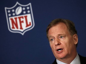 NFL commissioner Roger Goodell tells reporters the team owners have reached agreement on a new league policy that requires players to stand for the national anthem or remain in the locker room in Atlanta on May 23.