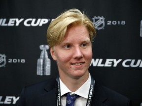 In this June 4 file photo, Rasmus Dahlin smiles during a media availability before Game 4 of the Stanley Cup final in Washington.
