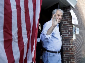 Bob Hugin, a Republican candidate running in New Jersey primary election for U.S. Senate, gestures while exiting his polling place after casting his vote in the New Jersey Primary Election, Tuesday, June 5, 2018, at the Lincoln-Hubbard School in Summit, N.J.