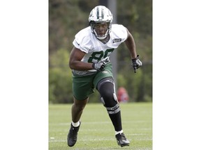 New York Jets tight end Chris Herndon works out during the team's NFL football organized training activities, Tuesday, June 5, 2018, in Florham Park, N.J.