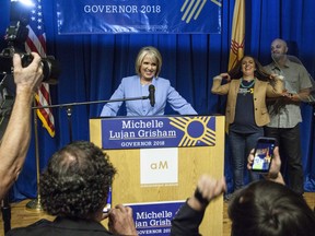 U.S. Rep. Michelle Lujan Grisham speaks to supporters in Albuquerque, M.M., Tuesday, June 5, 2018. Grisham won the Democratic nomination for governor.