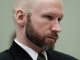 In this Wednesday, Jan. 18, 2017 file photo, Anders Behring Breivik looks on during the last day of his appeal case in Borgarting Court of Appeal at Telemark prison in Skien, Norway.