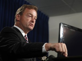 FILE - In this Oct. 4, 2017, file photo, Sen. Dean Heller, R-Nev, speaks during a media briefing at Metro Police headquarters in Las Vegas. Heller is considered the vulnerable Republican senator seeking re-election, but he has an easy primary battle Tuesday, June 12, 2018, thanks to President Donald Trump.