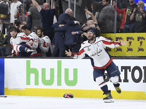 Washington Capitals left wing Alex Ovechkin, of Russia, celebrates as the Capitals defeated the Vegas Golden Knights in Game 5 of the NHL hockey Stanley Cup Finals to win the Stanley Cup Thursday, June 7, 2018, in Las Vegas.