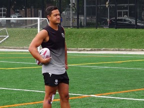 Chase Stanley, seen on the practice pitch in Toronto on Wednesday, June 20, 2018, was once described as "one of the unluckiest players, from perhaps the unluckiest family," to take up rugby league. But the former New Zealand international, whose career has been repeatedly derailed by injury, doesn't see it that way. The elegant Toronto Wolfpack back says he is blessed to still be playing.