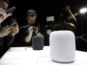 FILE - In this Monday, June 5, 2017, file photo, the HomePod speaker is photographed in a a showroom during an announcement of new products at the Apple Worldwide Developers Conference in San Jose, Calif.  Apple is expected to preview new capabilities for its Siri digital assistant and showcase other upcoming software features.  The peek at the new software will come Monday, June 4, 2018,  at a gathering in San Jose  for thousands of app developers and other computer programmers looking to create their own features that could in turn make iPhones, iPads, Macs and other Apple products even more useful.