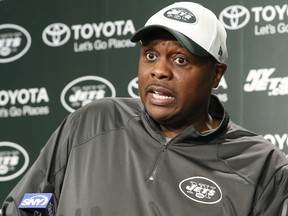 FILE - In this May 25, 2016, file photo, New York Jets defensive coordinator Kacy Rodgers speaks to reporters, in Florham Park, N.J. At the training facility, Kacy Rodgers is the New York Jets' defensive coordinator. Everywhere else, he's Dad to Kacy Rodgers II, a versatile defensive back competing to make the team.