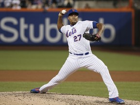 FILE - In this June 1, 2018, file photo, New York Mets relief pitcher Jeurys Familia (27) delivers against the Chicago Cubs during the ninth inning of a baseball game, in New York. Closer Jeurys Familia is the latest Mets player to get hurt. Familia was placed on the 10-day disabled list Friday, June 8, 2018, because of a sore right shoulder.