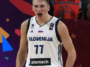 FILE - In this Sept. 17, 2017, file photo, Slovenia's Luka Doncic celebrates during their Eurobasket European Basketball Championship final match against Serbia, in Istanbul. Doncic is a possible pick in Thursday's NBA Draft.